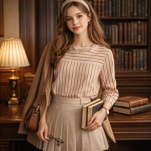 J. Crew Pink White Musturd Striped Cotton Popover Shirt Top Blouse NWT Size 6